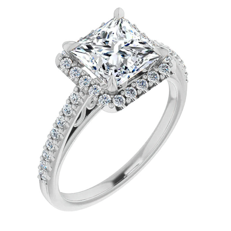 Princess cut Petite Halo Engagement Ring with Scroll Accent