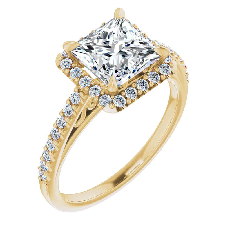 Princess cut Petite Halo Engagement Ring with Scroll Accent