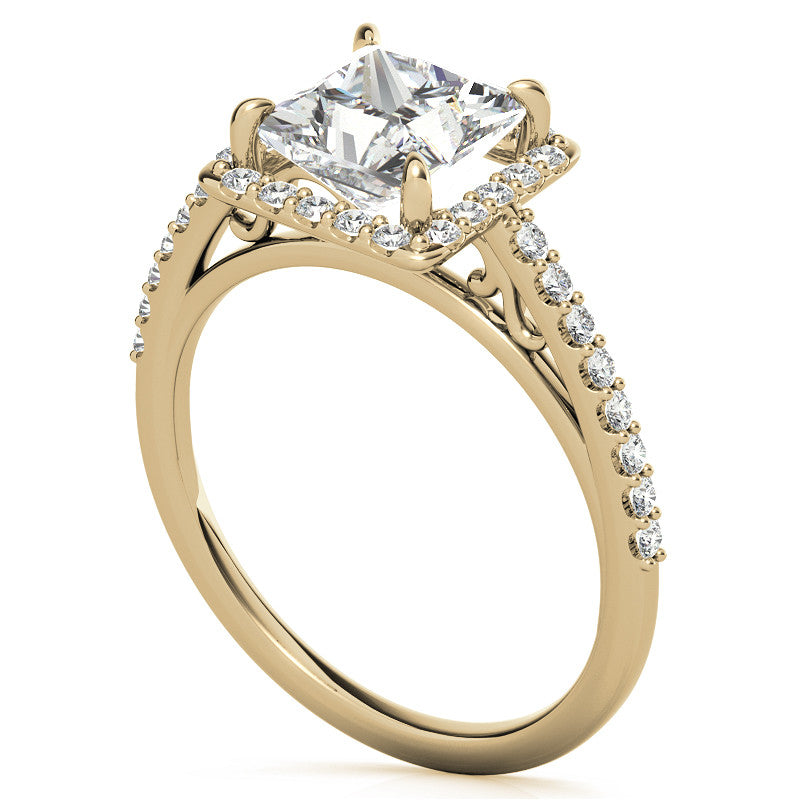 Princess cut Petite Halo Engagement Ring with Scroll Accent