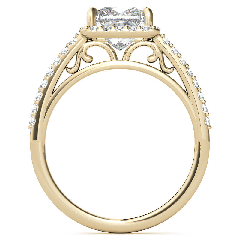 Princess cut Petite Halo Engagement Ring with Scroll Accent