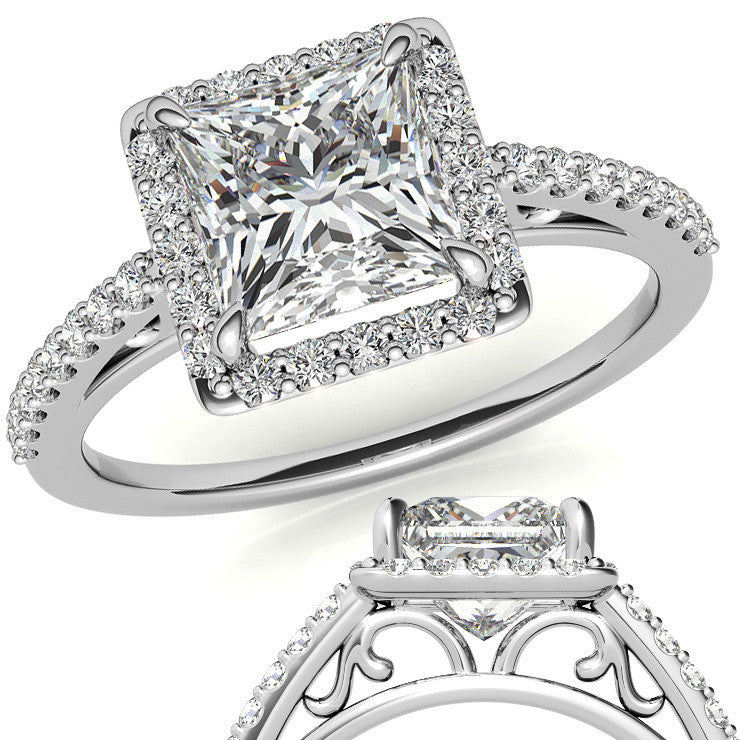 Princess cut Petite Halo Engagement Ring with Scroll Accent