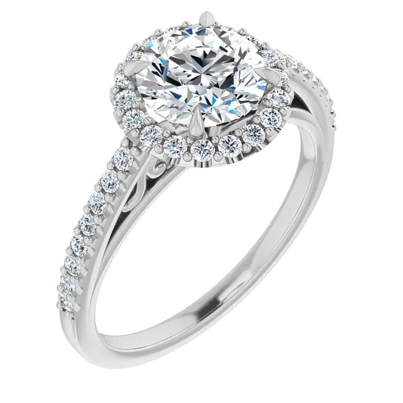 Round Petite Halo Engagement Ring with Scroll Accent