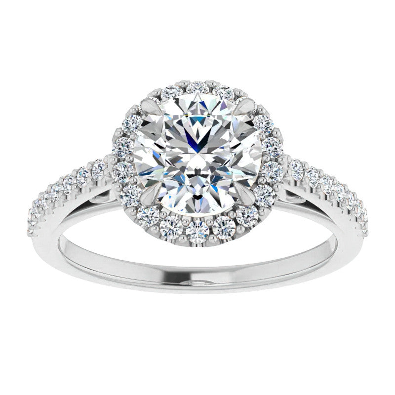 Round Petite Halo Engagement Ring with Scroll Accent