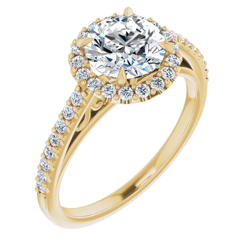 Round Petite Halo Engagement Ring with Scroll Accent