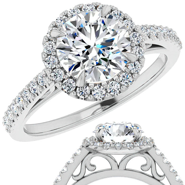 Round Petite Halo Engagement Ring with Scroll Accent