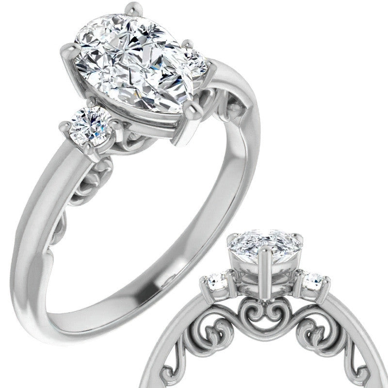 Pear Three-Stone Engagement Ring with Scroll Accent