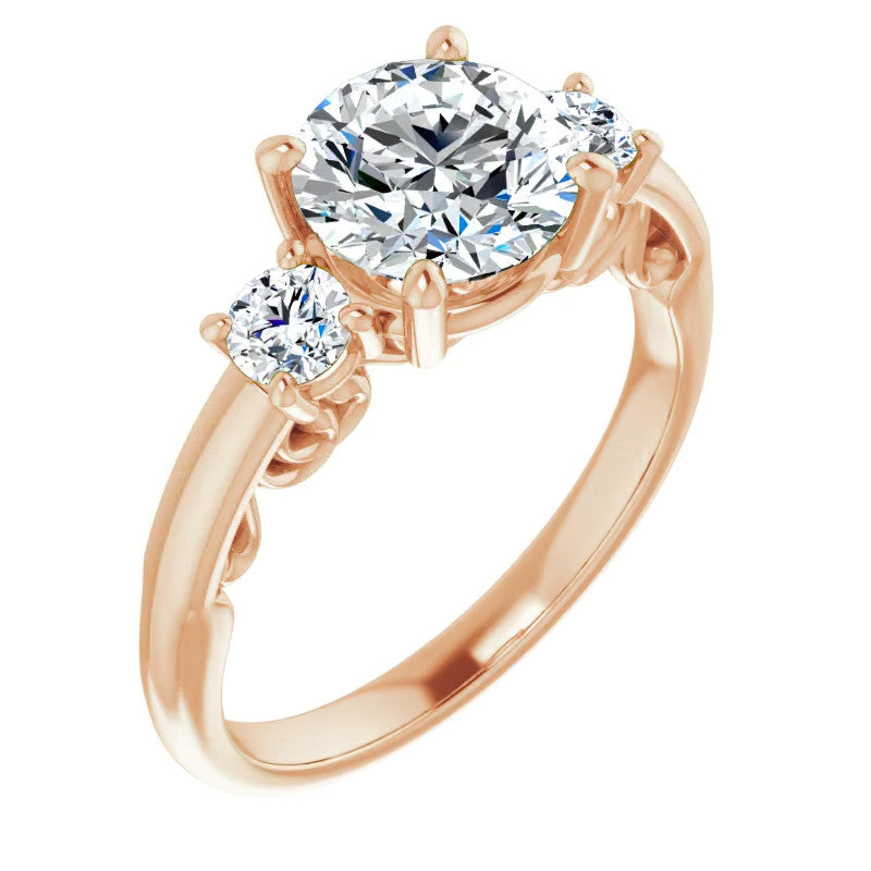 Round Three-Stone Engagement Ring with Scroll Accent