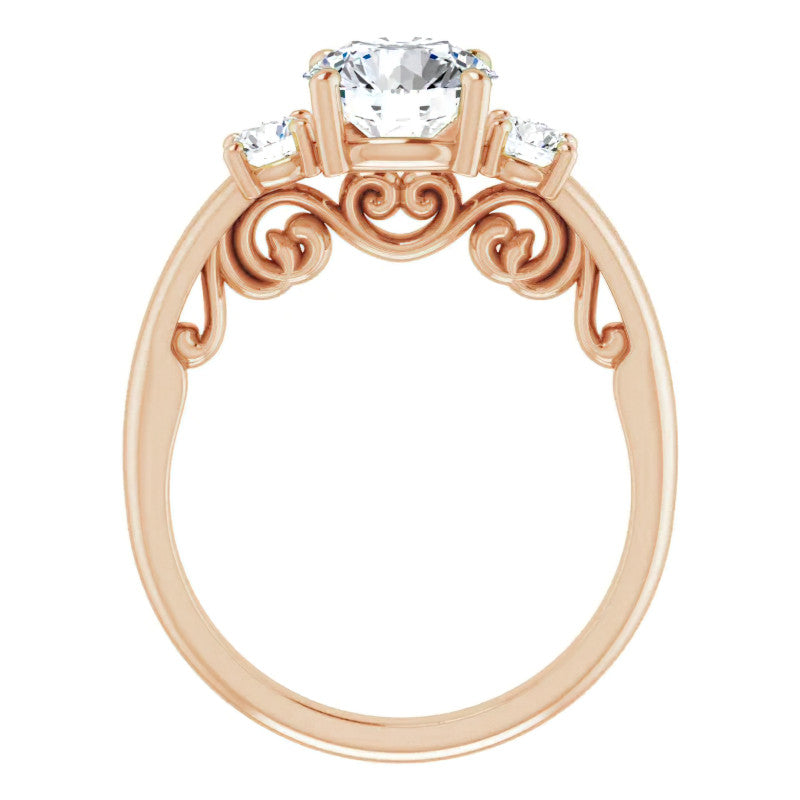 Round Three-Stone Engagement Ring with Scroll Accent