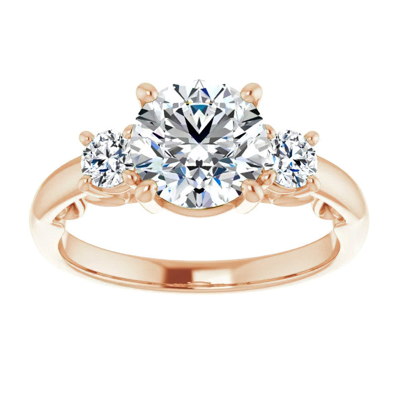 Round Three-Stone Engagement Ring with Scroll Accent