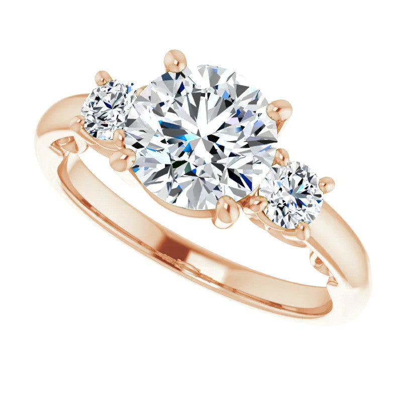 Round Three-Stone Engagement Ring with Scroll Accent