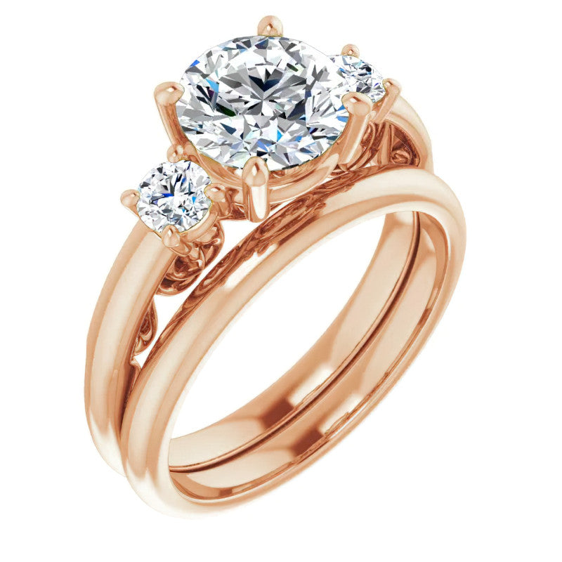 Round Three-Stone Engagement Ring with Scroll Accent