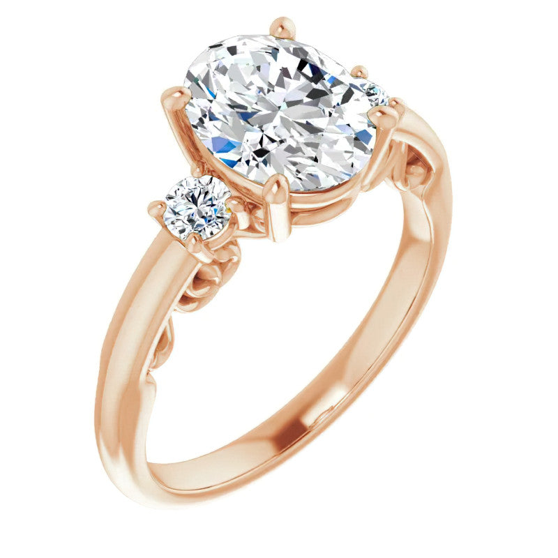 Oval Three-Stone Engagement Ring with Scroll Accent