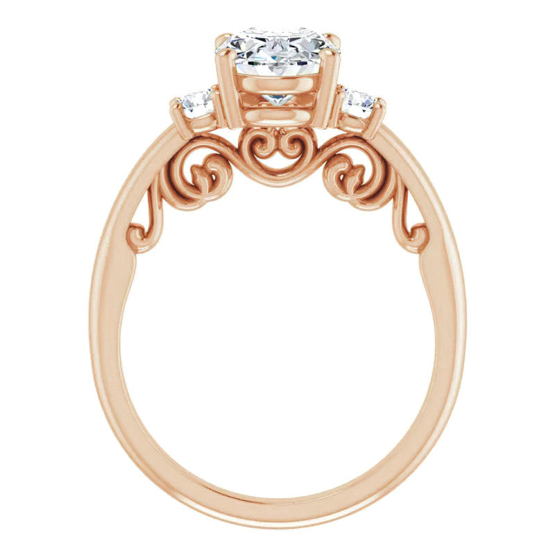 Oval Three-Stone Engagement Ring with Scroll Accent