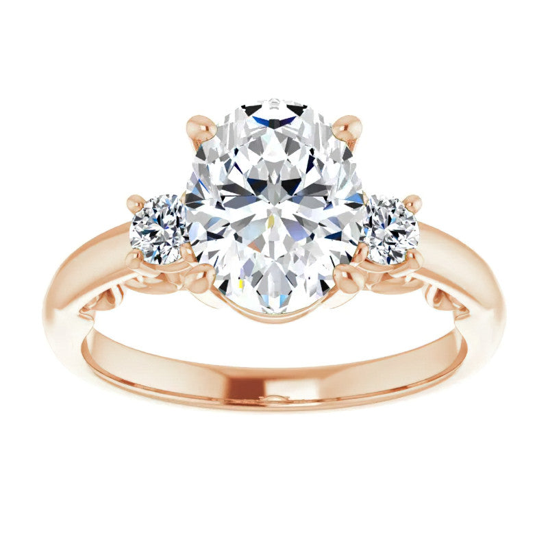 Oval Three-Stone Engagement Ring with Scroll Accent