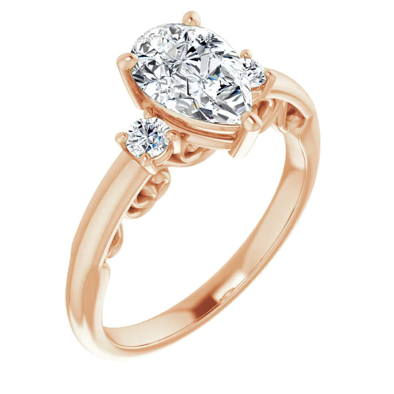 Pear Three-Stone Engagement Ring with Scroll Accent
