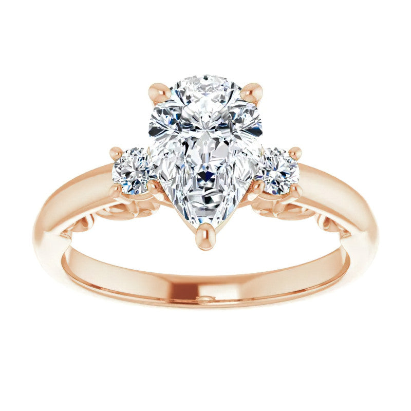 Pear Three-Stone Engagement Ring with Scroll Accent