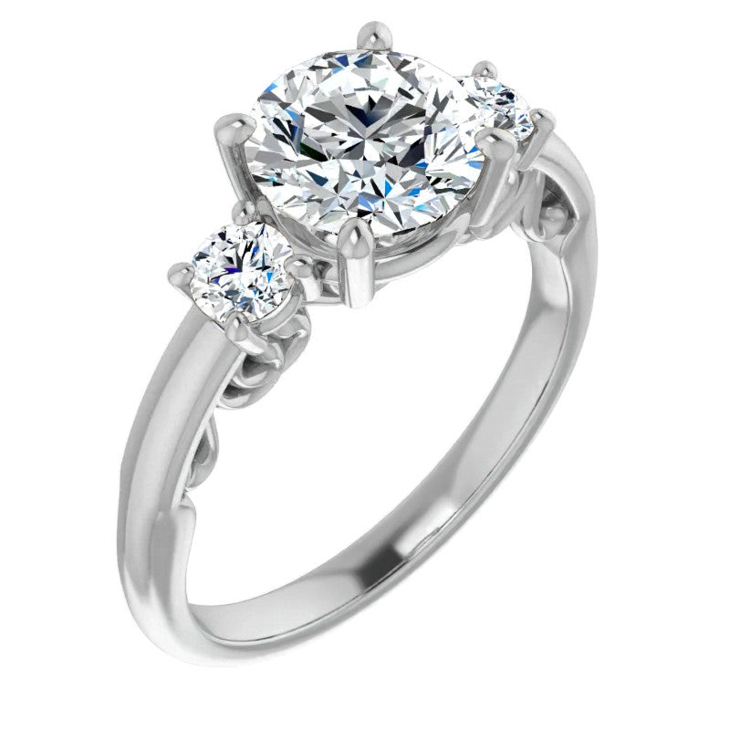 Round Three-Stone Engagement Ring with Scroll Accent