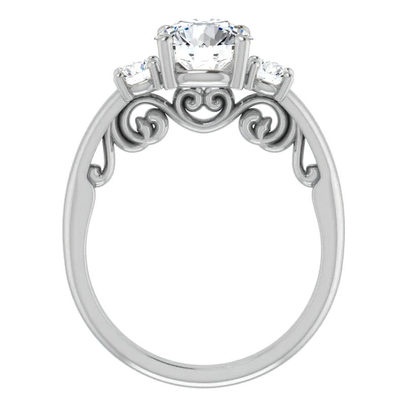 Round Three-Stone Engagement Ring with Scroll Accent