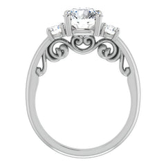 Round Three-Stone Engagement Ring with Scroll Accent