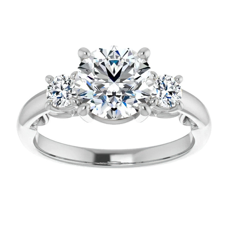 Round Three-Stone Engagement Ring with Scroll Accent