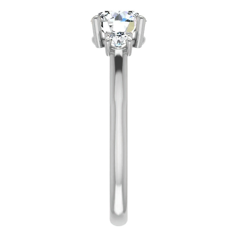 Round Three-Stone Engagement Ring with Scroll Accent