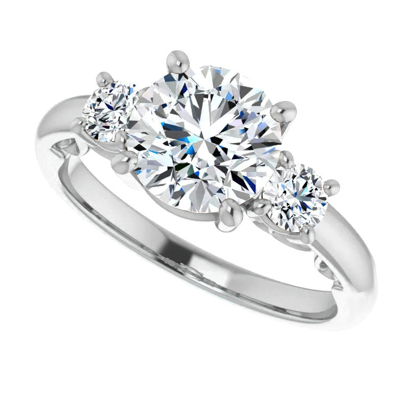 Round Three-Stone Engagement Ring with Scroll Accent