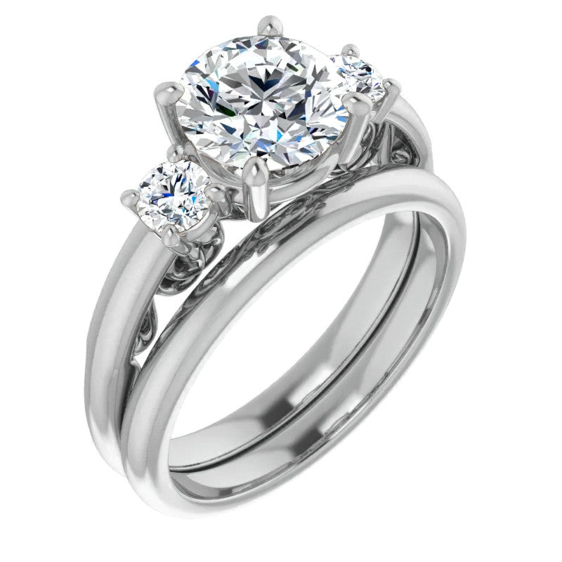 Round Three-Stone Engagement Ring with Scroll Accent