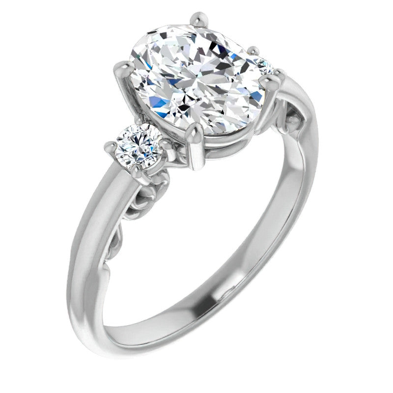 Oval Three-Stone Engagement Ring with Scroll Accent