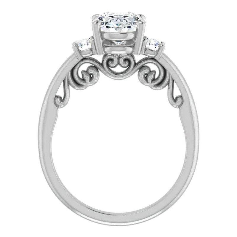 Oval Three-Stone Engagement Ring with Scroll Accent
