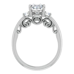 Oval Three-Stone Engagement Ring with Scroll Accent