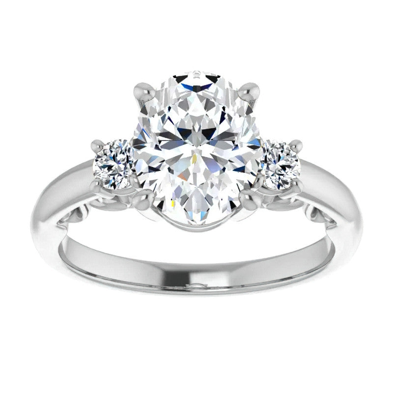Oval Three-Stone Engagement Ring with Scroll Accent