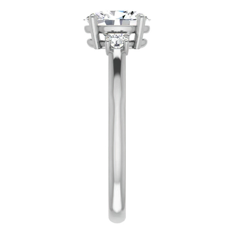Oval Three-Stone Engagement Ring with Scroll Accent