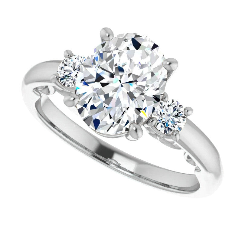 Oval Three-Stone Engagement Ring with Scroll Accent
