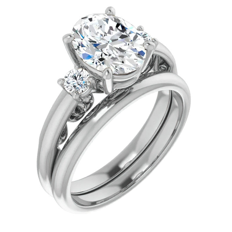 Oval Three-Stone Engagement Ring with Scroll Accent