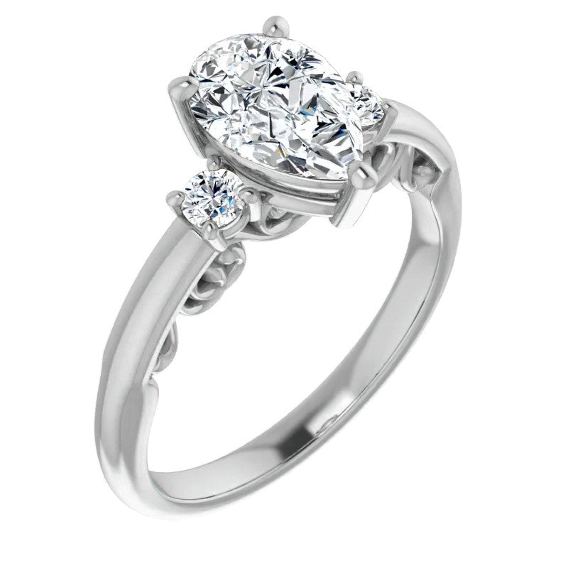 Pear Three-Stone Engagement Ring with Scroll Accent