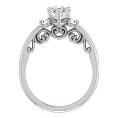Pear Three-Stone Engagement Ring with Scroll Accent