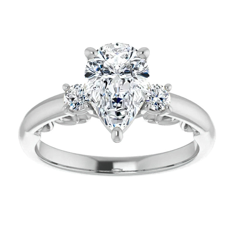 Pear Three-Stone Engagement Ring with Scroll Accent