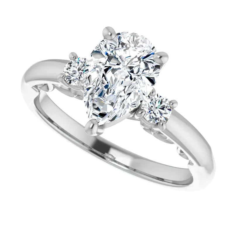 Pear Three-Stone Engagement Ring with Scroll Accent