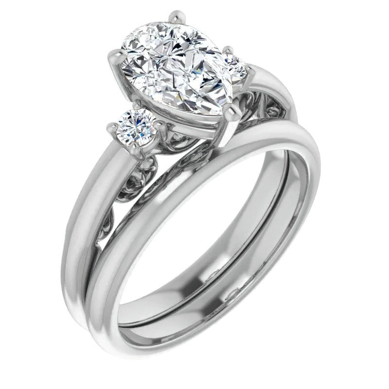 Pear Three-Stone Engagement Ring with Scroll Accent