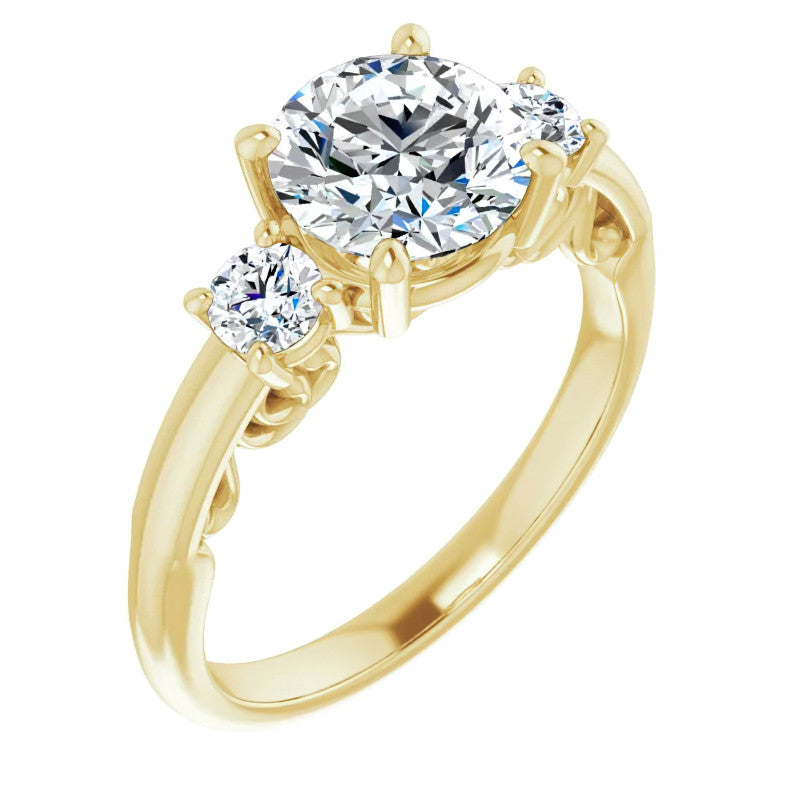 Round Three-Stone Engagement Ring with Scroll Accent