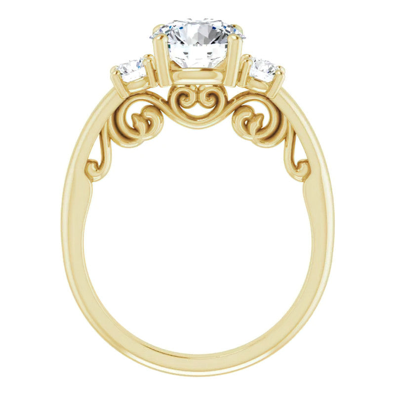 Round Three-Stone Engagement Ring with Scroll Accent