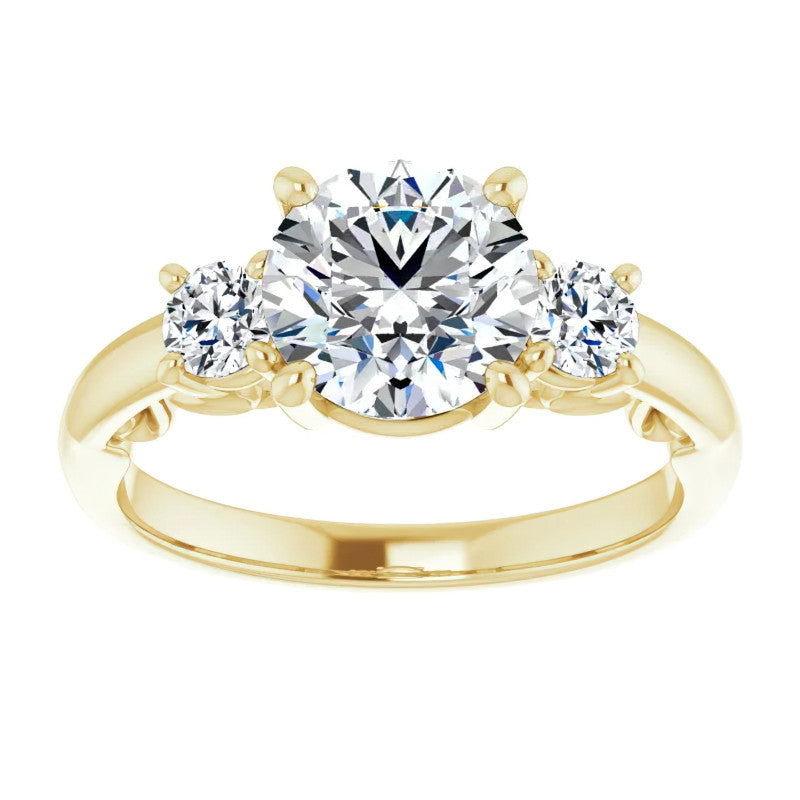 Round Three-Stone Engagement Ring with Scroll Accent