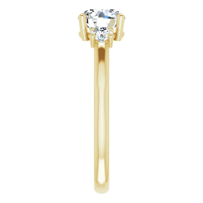 Round Three-Stone Engagement Ring with Scroll Accent