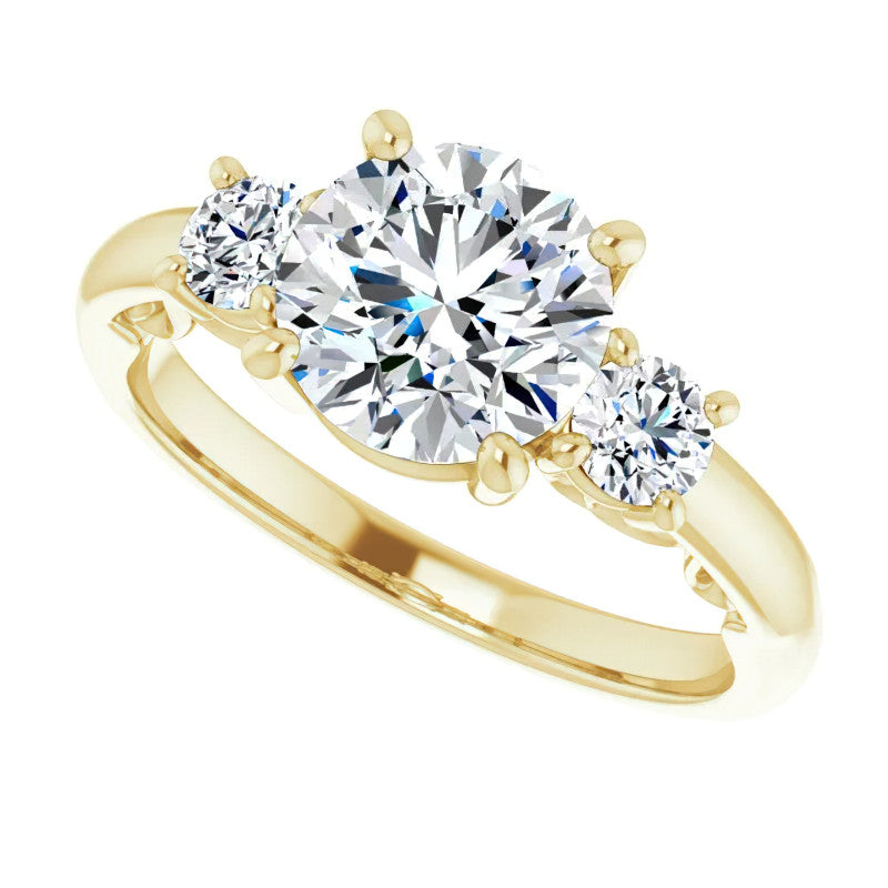 Round Three-Stone Engagement Ring with Scroll Accent