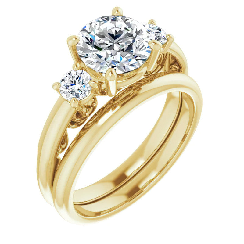 Round Three-Stone Engagement Ring with Scroll Accent