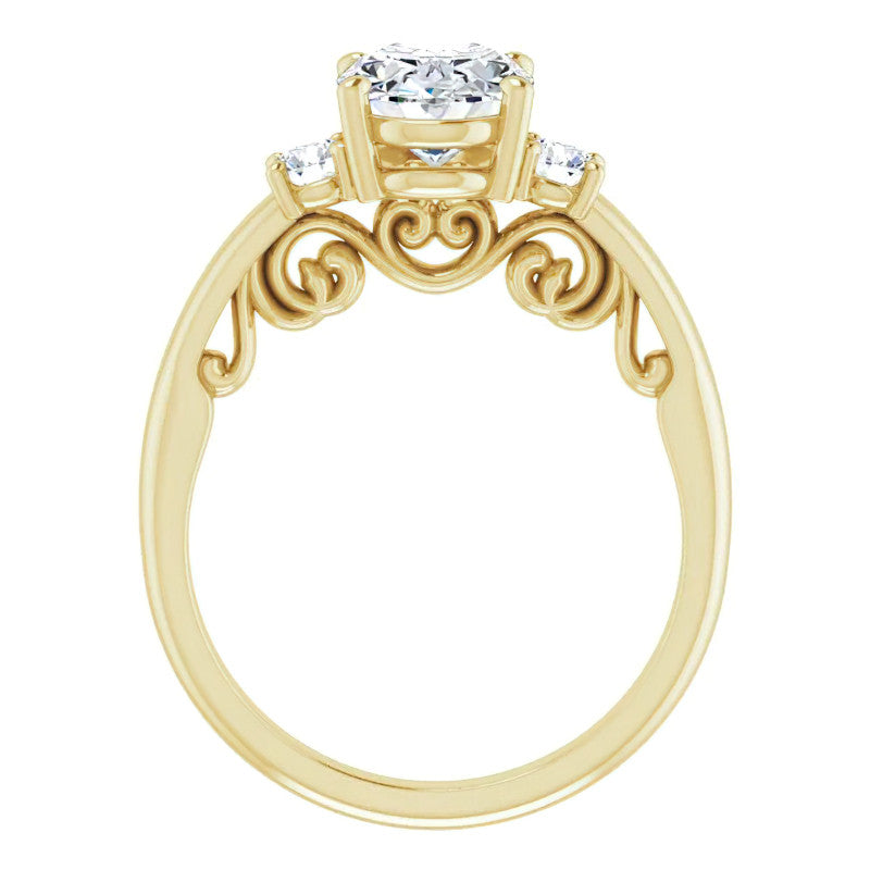 Oval Three-Stone Engagement Ring with Scroll Accent