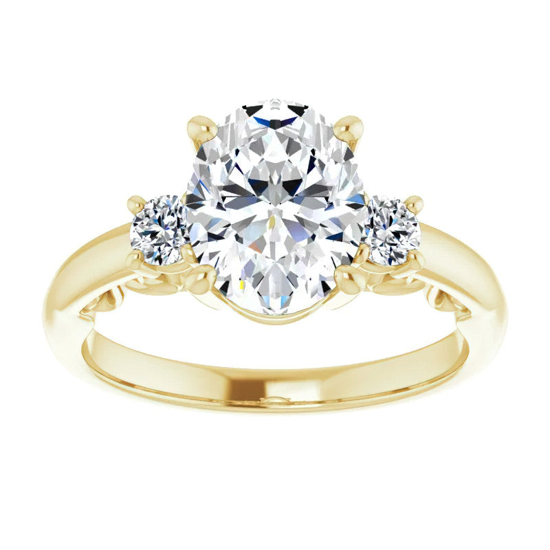 Oval Three-Stone Engagement Ring with Scroll Accent