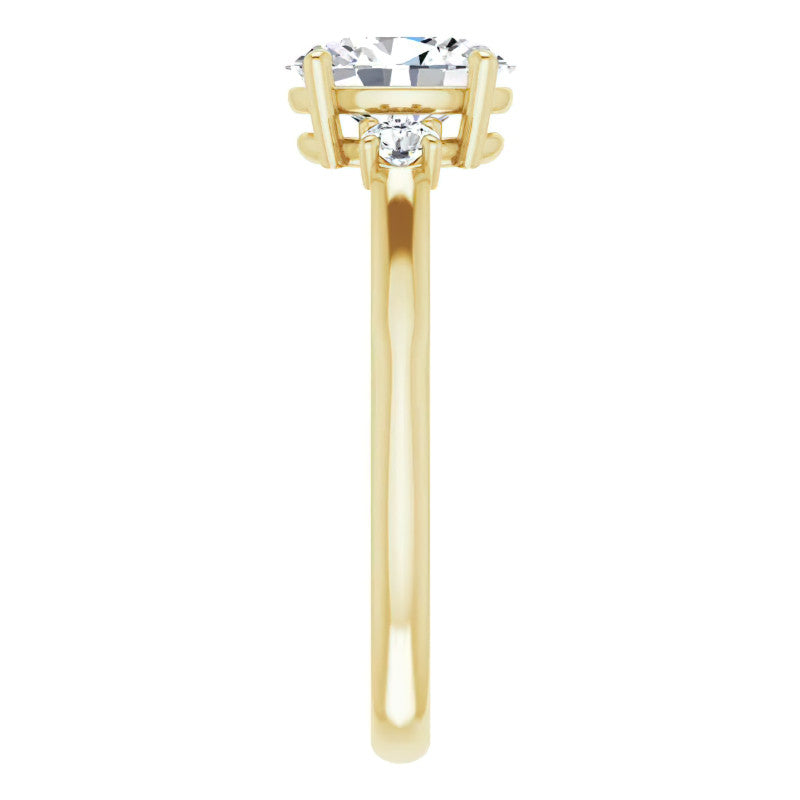 Oval Three-Stone Engagement Ring with Scroll Accent