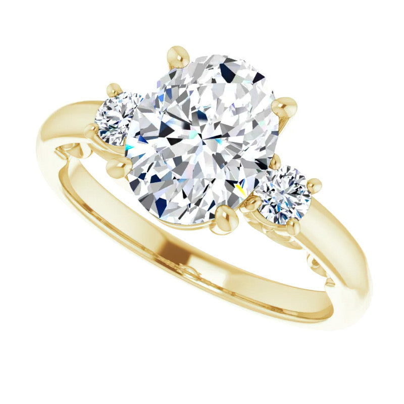Oval Three-Stone Engagement Ring with Scroll Accent