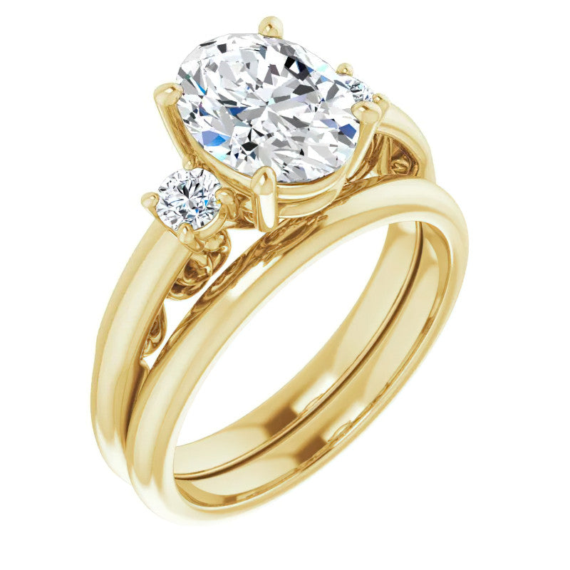 Oval Three-Stone Engagement Ring with Scroll Accent